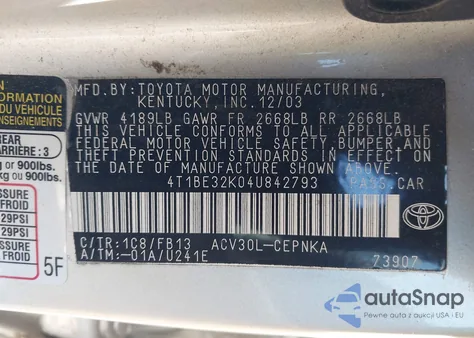 2004 Toyota Camry Le z USA, uszkodzony, nr VIN 4T1BE32K04U842793